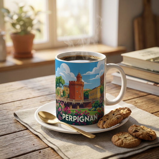 Mug souvenir de la ville de Perpignan avec une illustration stylisée.