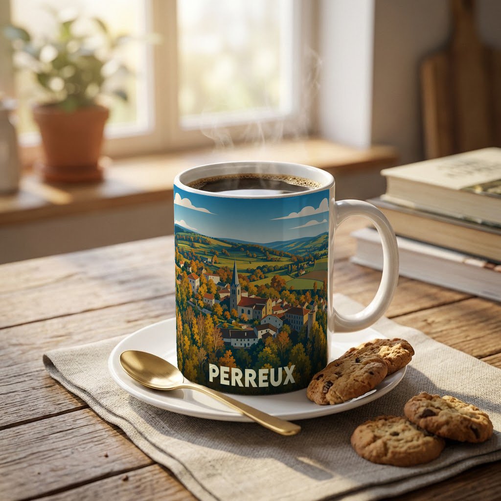 Mug souvenir de la ville de Perreux avec une illustration stylisée d'un paysage automnal.