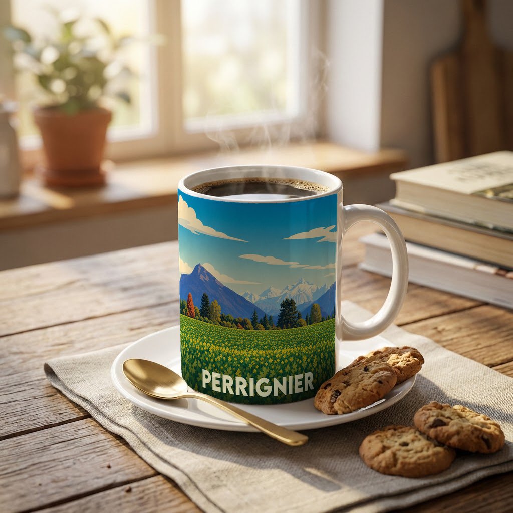 Mug souvenir de la ville de Perrignier avec une illustration stylisée de paysages montagneux.