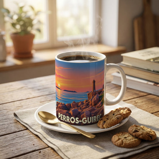 Mug souvenir de la ville de Perros-Guirec avec une illustration stylisée d'un phare au coucher du soleil.
