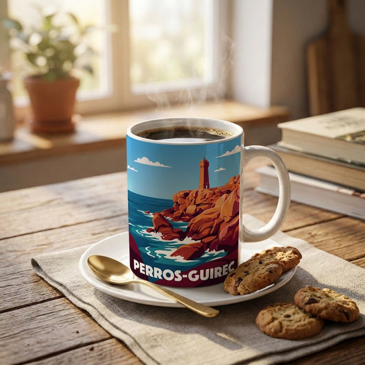 Mug souvenir de la ville de Perros-Guirec avec une illustration stylisée de son phare et de sa côte rocheuse.