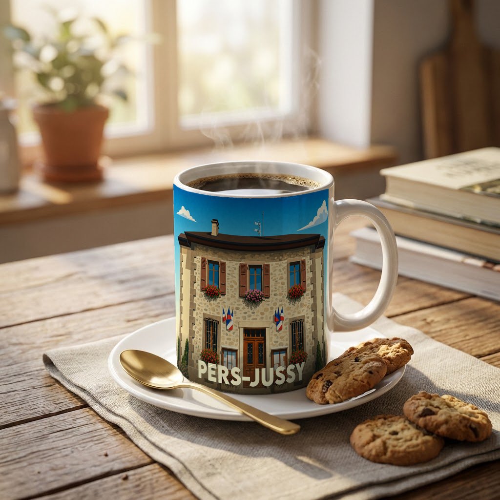 Mug souvenir de la ville de Pers-Jussy illustré d'un bâtiment traditionnel et de drapeaux français.
