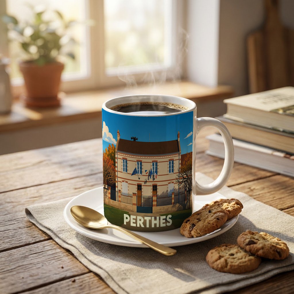 Mug souvenir de la ville de Perthes illustré d'un dessin stylisé de sa mairie.