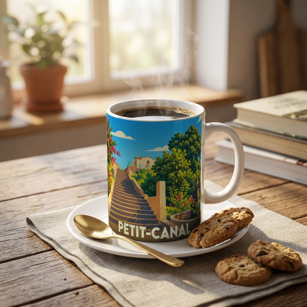 Mug souvenir de la ville de Petit-Canal illustré par un paysage ensoleillé avec un escalier monumental.