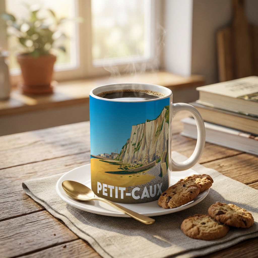 Mug souvenir de la ville de Petit-Caux avec une illustration stylisée de ses falaises.