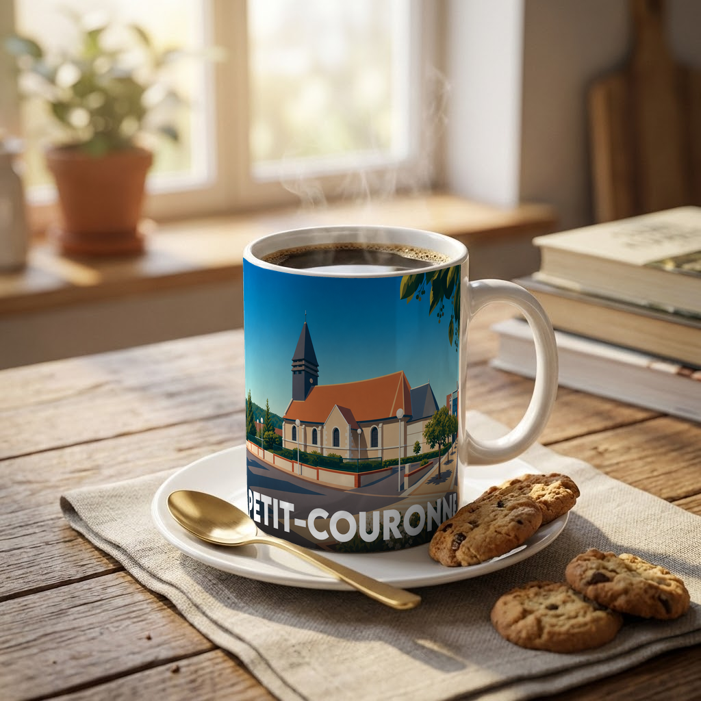 Mug souvenir de la ville de Petit-Couronne avec une illustration stylisée de son église.