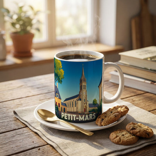 Mug souvenir de la ville de Petit-Mars illustré par un dessin stylisé de son église.