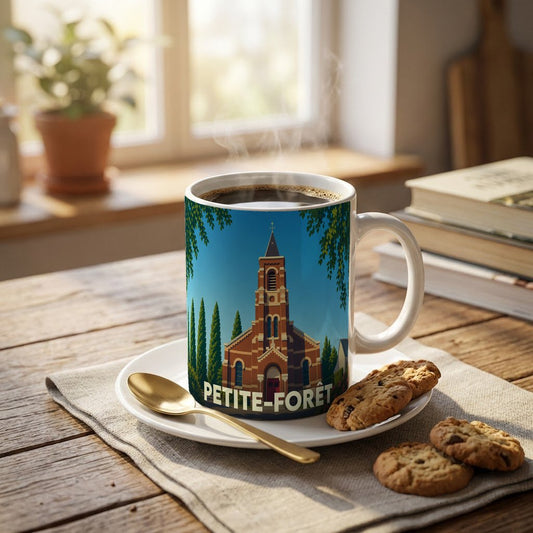 Mug souvenir de la ville de Petite-Forêt avec une illustration stylisée de son église.