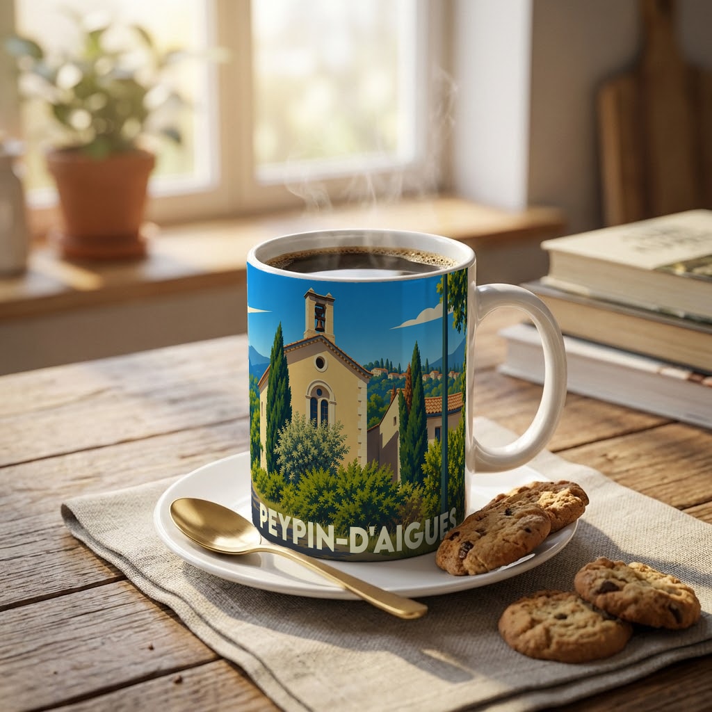 Mug souvenir de la ville de Peypin-d'Aigues orné d'une illustration stylisée de son église provençale.