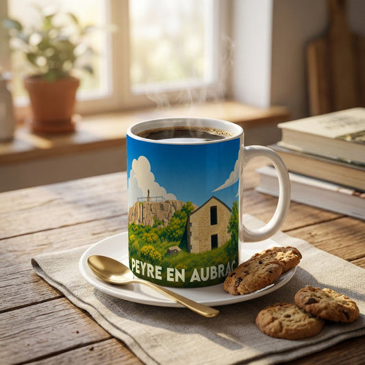 Mug souvenir de la ville de Peyre en Aubrac avec une illustration stylisée.