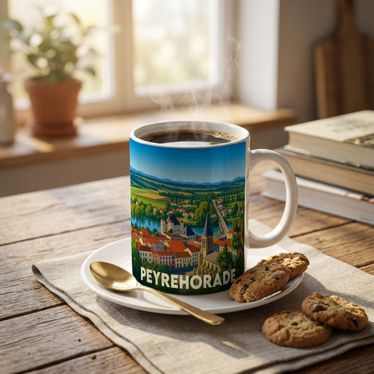 Mug souvenir de la ville de Peyrehorade orné d'une illustration panoramique colorée.