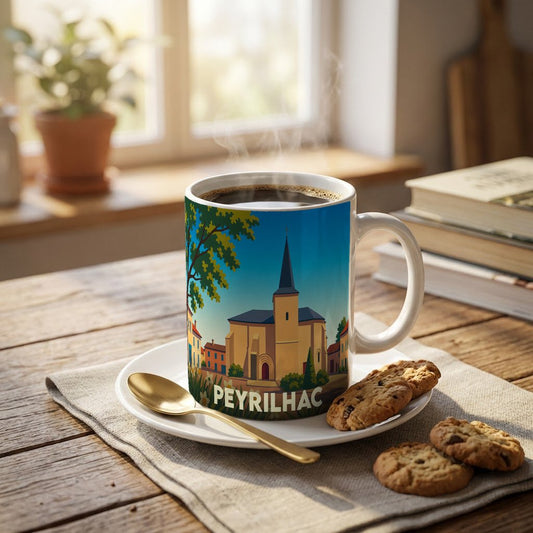 Mug souvenir de la ville de Peyrilhac avec une illustration stylisée d'une église et du village.