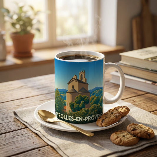 Mug souvenir de Peyrolles-en-Provence avec une illustration stylisée de sa chapelle au milieu d'un paysage provençal.