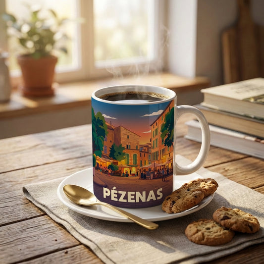 Mug souvenir de la ville de Pézenas avec une illustration stylisée de ses rues historiques.