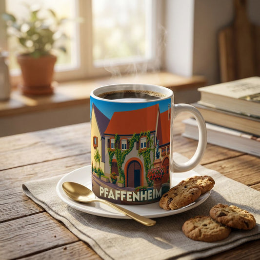 Mug souvenir de la ville de Pfaffenheim orné d'une illustration stylisée de ses maisons traditionnelles.