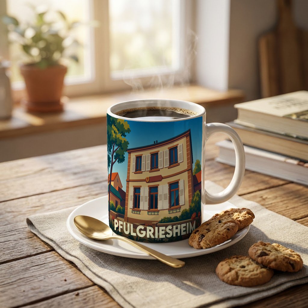 Mug souvenir de la ville de Pfulgriesheim avec une illustration stylisée d'un bâtiment traditionnel.
