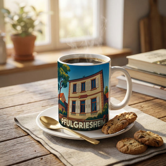 Mug souvenir de la ville de Pfulgriesheim avec une illustration stylisée d'un bâtiment traditionnel.