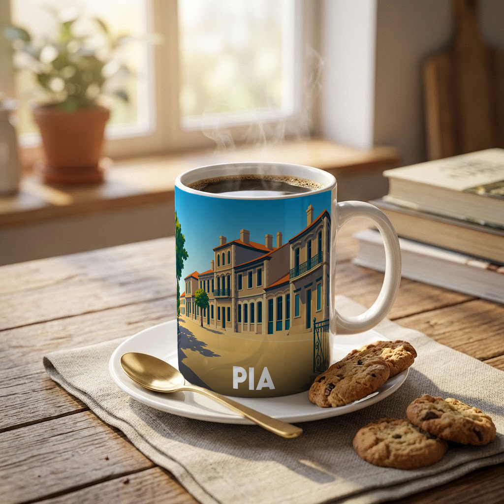Mug souvenir de la ville de Pia avec une illustration stylisée.