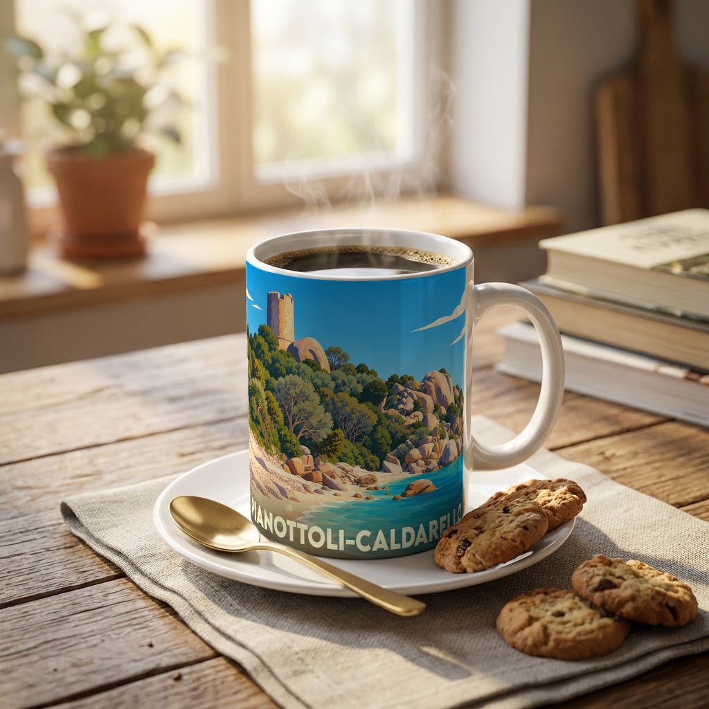 Mug souvenir de la ville de Pianottoli-Caldarello avec une illustration stylisée de son littoral et de sa tour génoise.