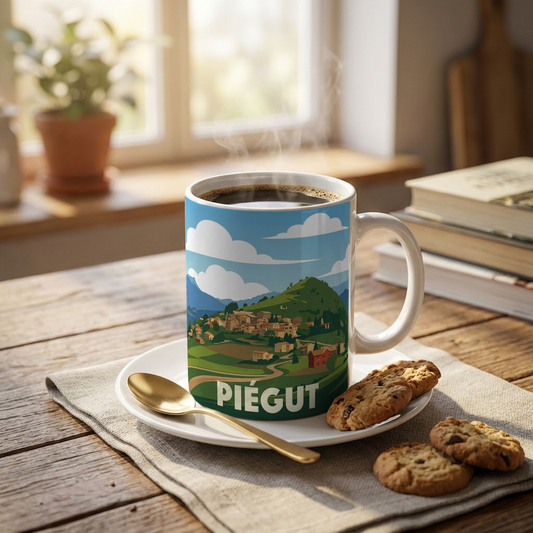 Mug souvenir de la ville de Piégut avec une illustration stylisée.