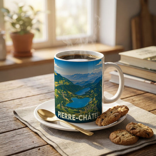 Mug souvenir de la ville de Pierre-Châtel illustré d'un paysage de montagne et de lacs.
