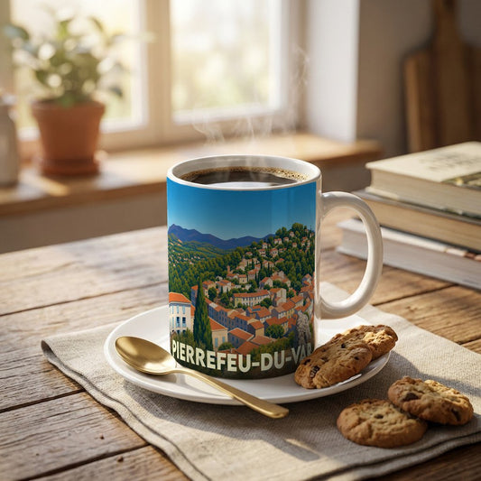 Mug souvenir de Pierrefeu-du-Var orné d'une illustration stylisée du village provençal.