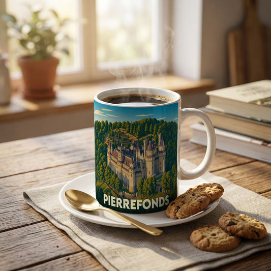 Mug souvenir de la ville de Pierrefonds orné d'une illustration stylisée de son château.