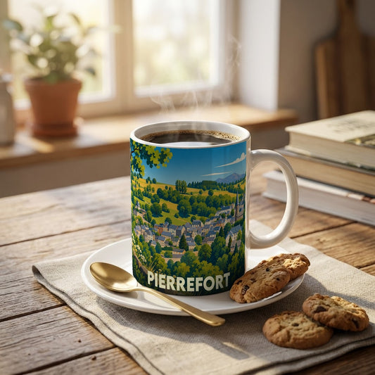 Mug souvenir de la ville de Pierrefort orné d'une illustration paysagère stylisée.
