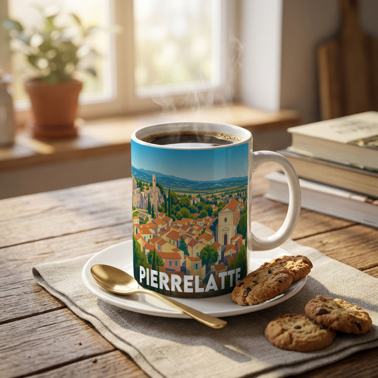 Mug souvenir de la ville de Pierrelatte avec une illustration stylisée.