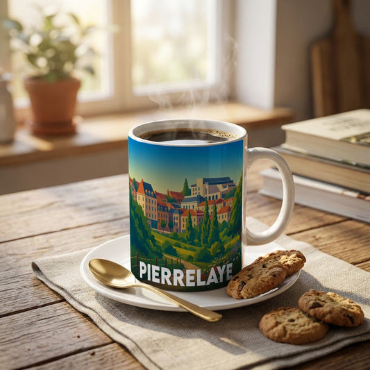 Mug souvenir de la ville de Pierrelaye avec une illustration colorée et stylisée de son paysage urbain.