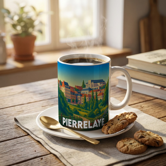Mug souvenir de la ville de Pierrelaye avec une illustration colorée et stylisée de son paysage urbain.