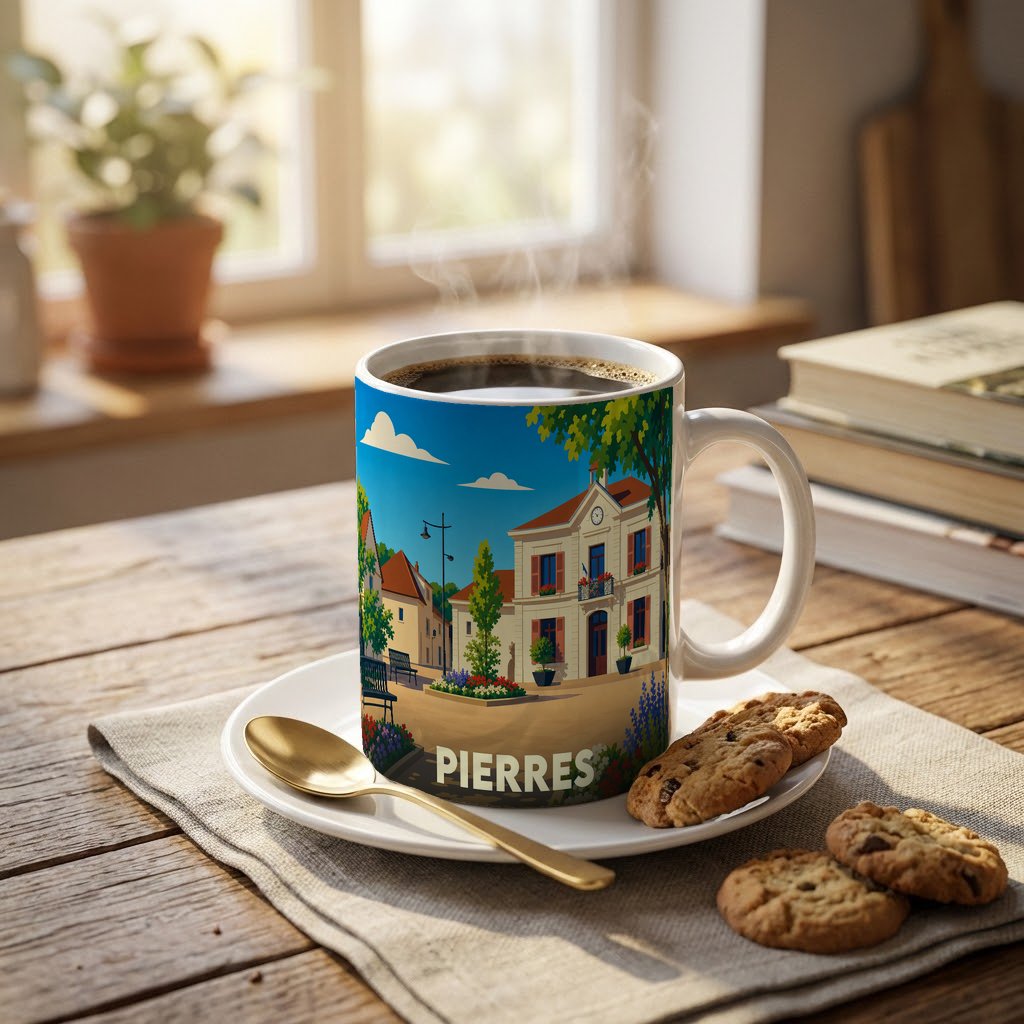 Mug souvenir de la ville de Pierres avec une illustration stylisée d'une place ensoleillée.