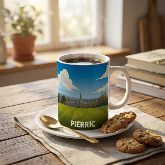 Mug souvenir de la ville de Pierric orné d'une illustration stylisée de son paysage rural.
