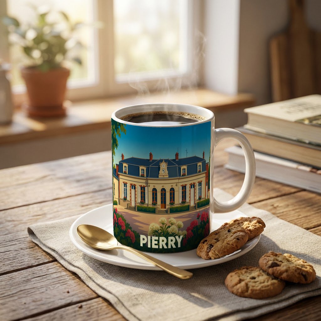 Mug souvenir de la ville de Pierry orné d'une illustration stylisée de son château.