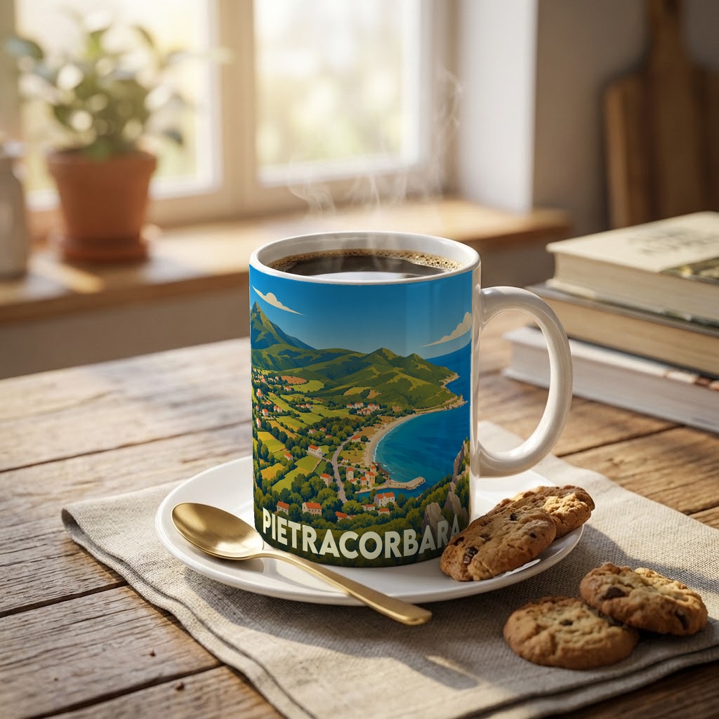 Mug souvenir de la commune de Pietracorbara avec une illustration stylisée de son paysage côtier.