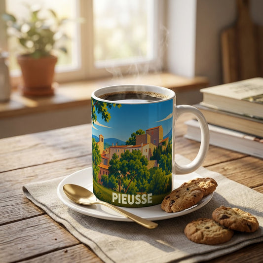 Mug souvenir de la ville de Pieusse orné d'une illustration paysagère stylisée.
