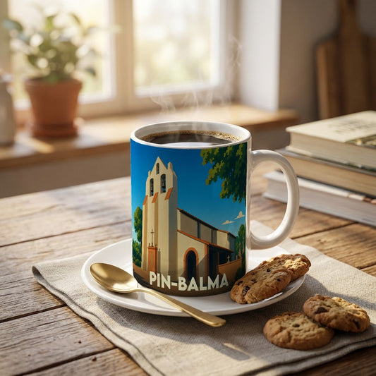 Mug souvenir de la ville de Pin-Balma illustré d'un dessin stylisé de son église.