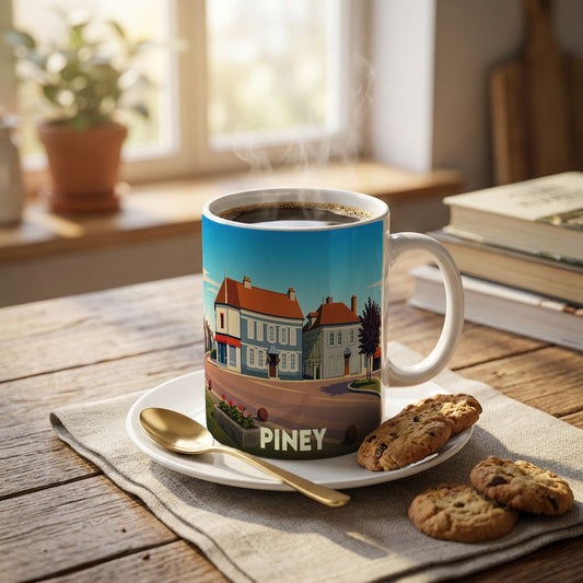 Mug souvenir de la ville de Piney orné d'une illustration stylisée de ses maisons colorées.