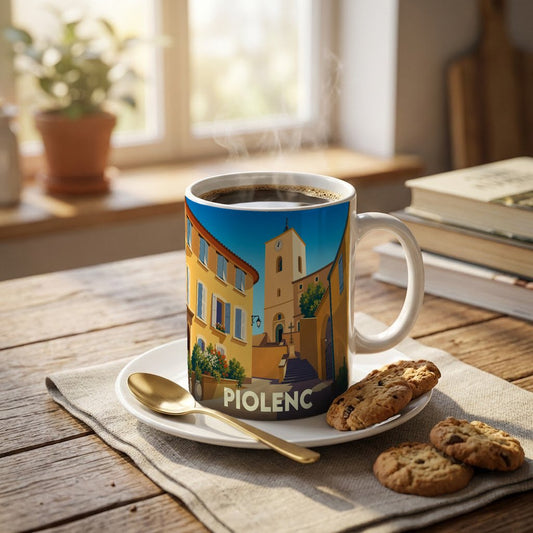 Mug souvenir de la ville de Piolenc orné d'une illustration stylisée de son architecture provençale.