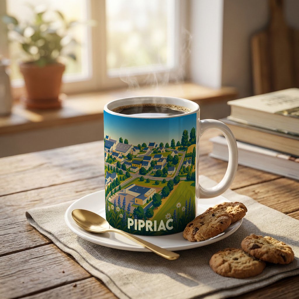 Mug souvenir de la ville de Pipriac avec une illustration stylisée et colorée du paysage urbain.