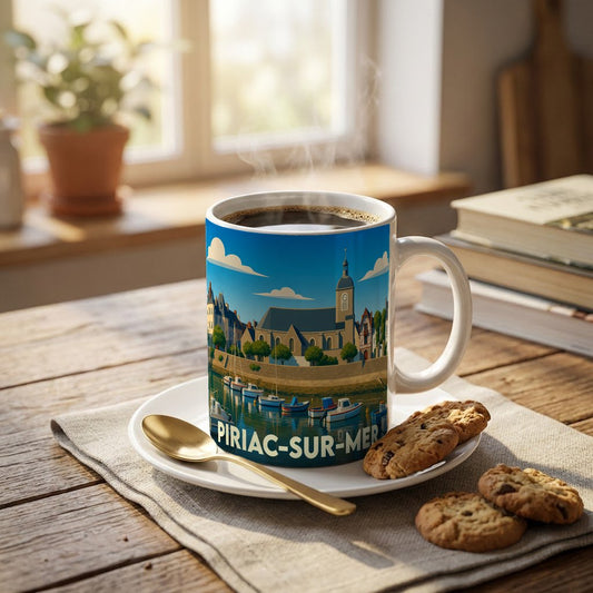 Mug souvenir de la ville de Piriac-sur-Mer avec une illustration stylisée d'un port de plaisance.