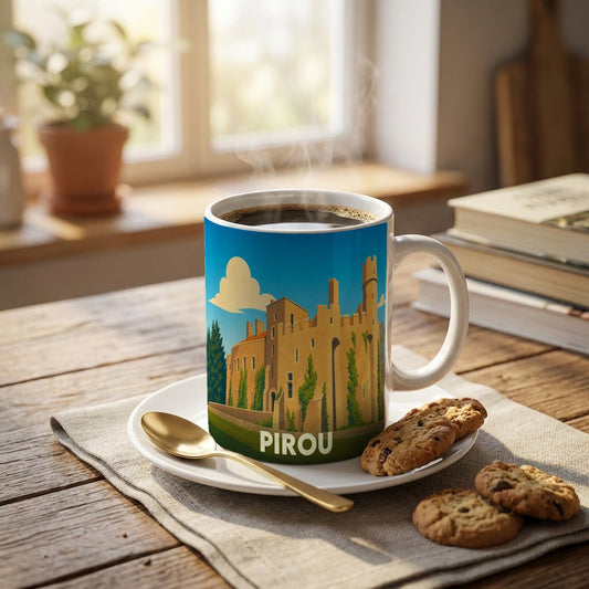 Mug souvenir de la ville de Pirou orné d'une illustration stylisée de son château médiéval.