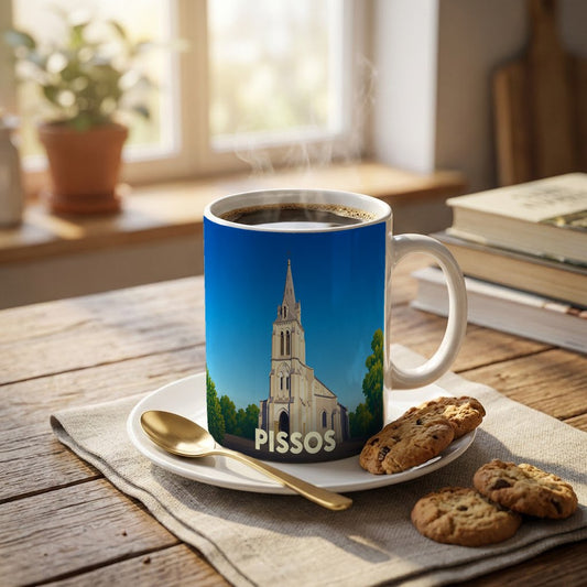 Mug souvenir de la ville de Pissos avec une illustration stylisée de son église.