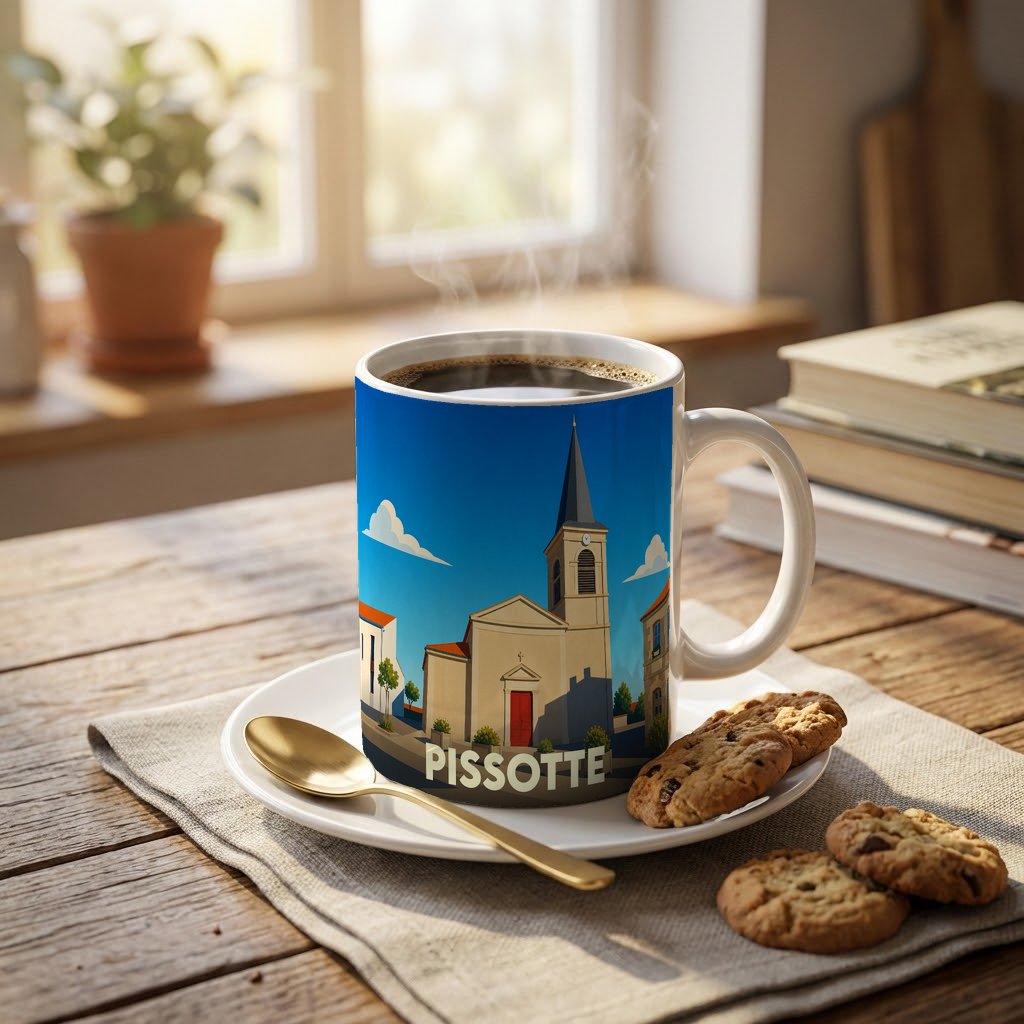 Mug souvenir de la ville de Pissotte orné d'une illustration stylisée de son église.