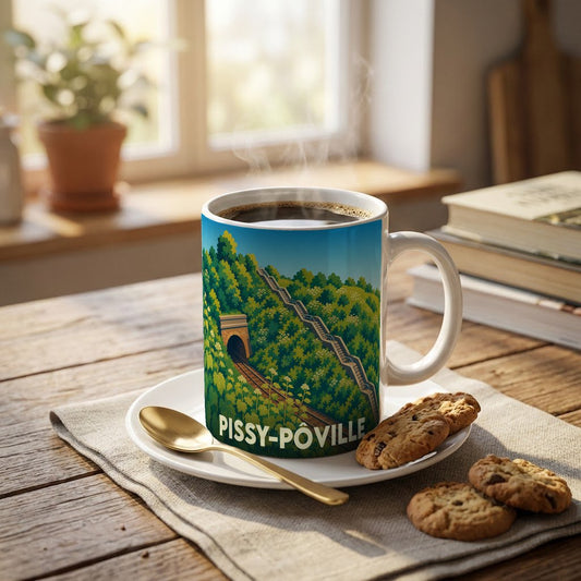 Mug souvenir de la ville de Pissy-Pôville illustré d'un paysage verdoyant avec un tunnel ferroviaire.