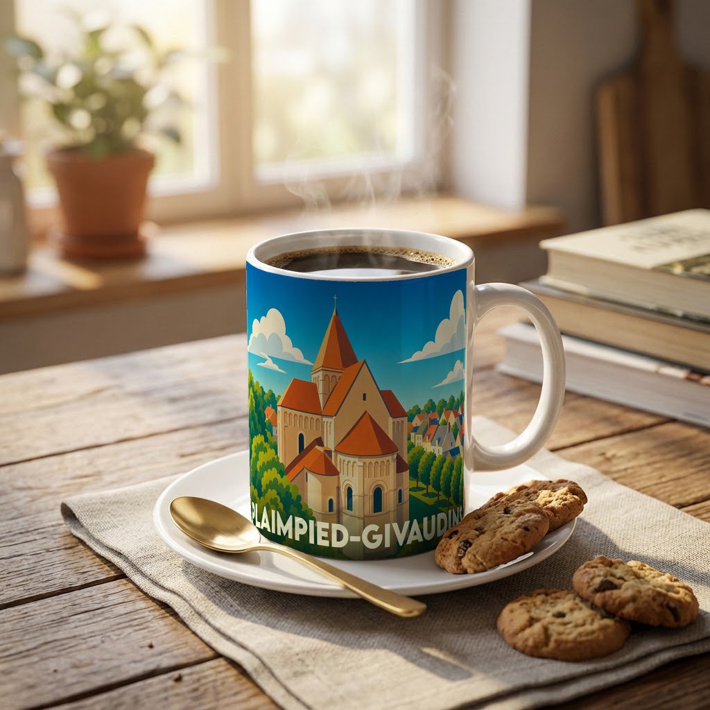 Mug souvenir de Plaimpied-Givaudins illustré d'une vue stylisée de son église et de ses environs.