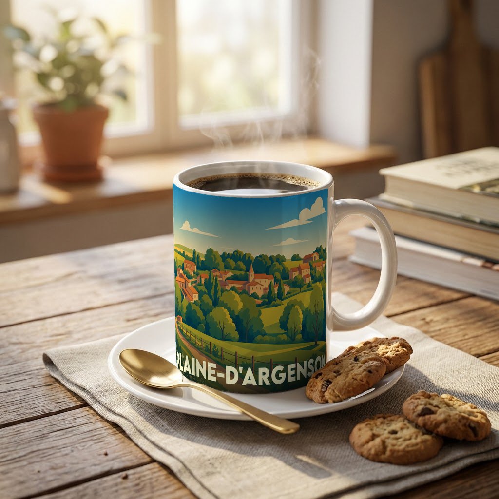 Mug souvenir de la ville de Plaine-d'Argenson avec une illustration stylisée de son paysage rural.