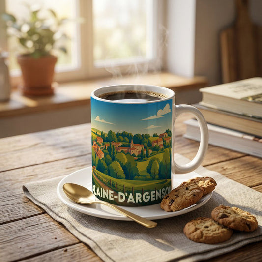 Mug souvenir de la ville de Plaine-d'Argenson avec une illustration stylisée de son paysage rural.