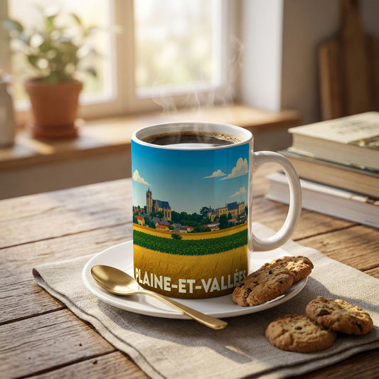 Mug souvenir de la ville de Plaine-et-Vallées orné d'une illustration de paysage champêtre.