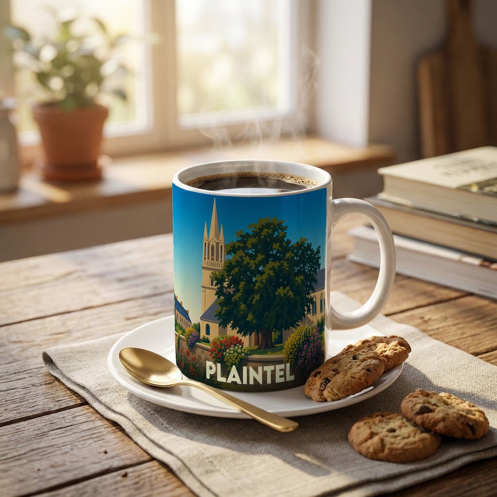 Mug souvenir de la ville de Plaintel illustré d'un paysage stylisé avec église et végétation.